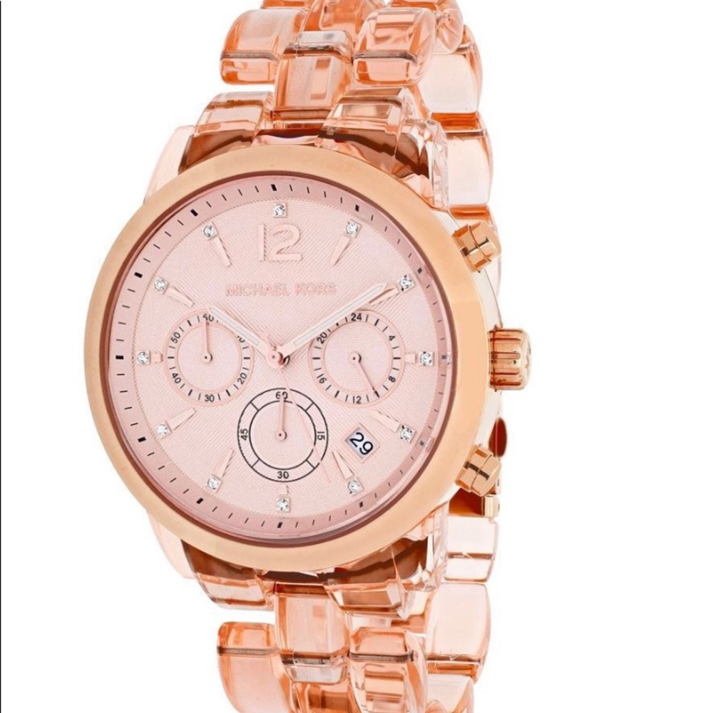 NWOT Michael Kors Audrina Blush Acetate Rose Gold Chronograph Watch MK6203